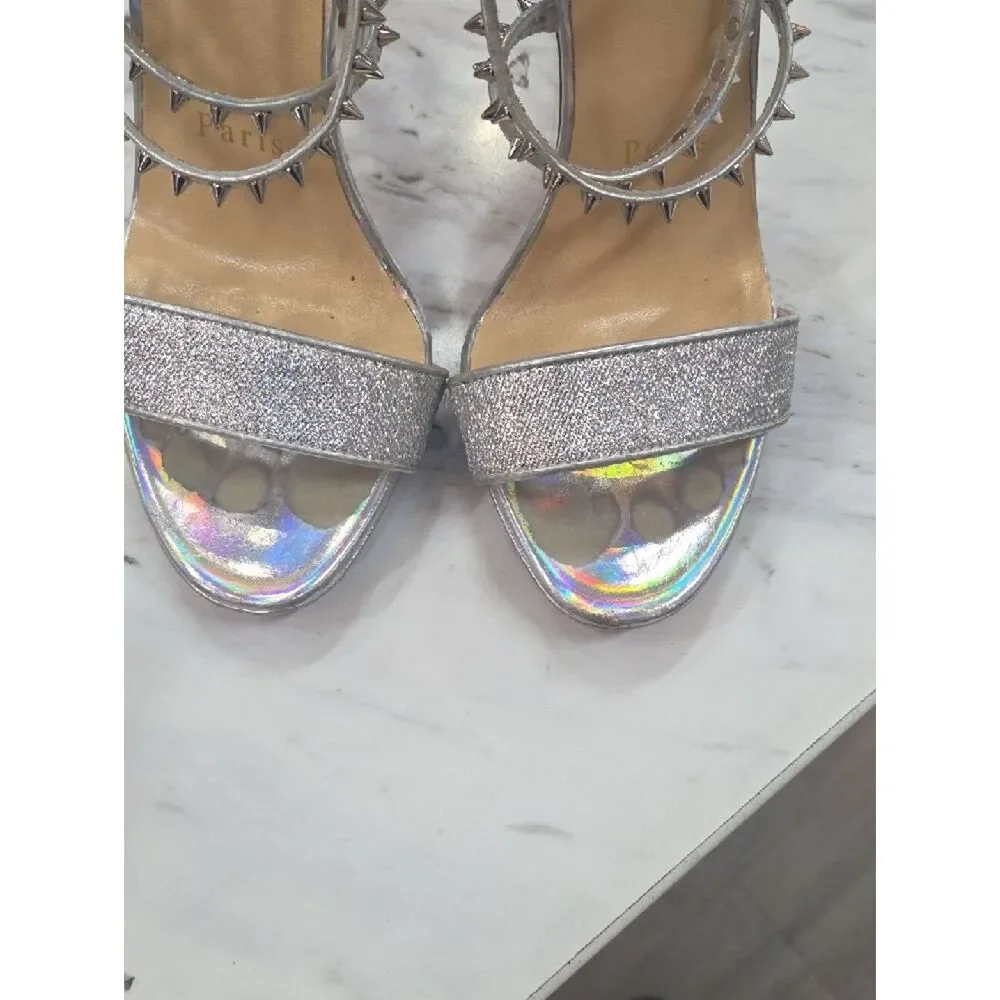 Christian Louboutin Silver Glitter Ankle-Strap Stiletto Sandals